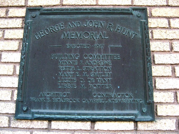 Original Plaque on Portico of Hunt Memorial Building